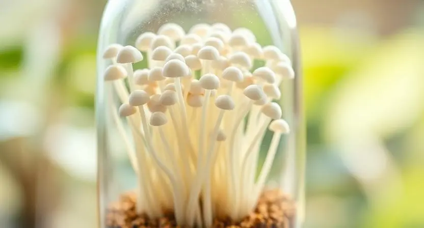 White enoki mushrooms growing in a dark humid environment