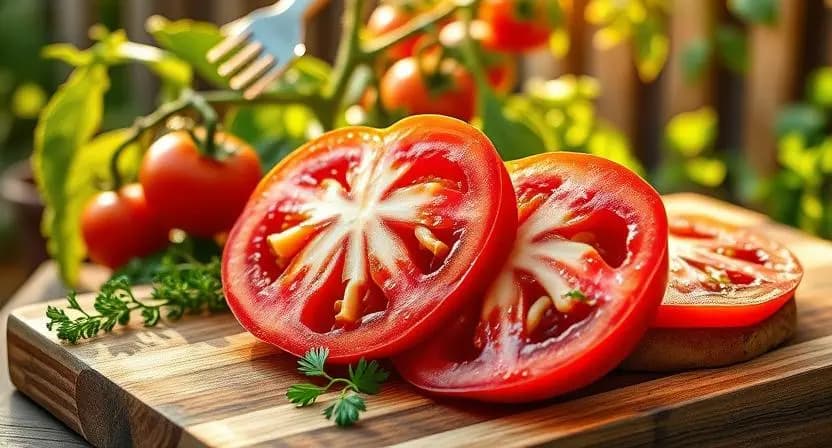 Beefsteak tomatoes growing in a raised garden bed with support stakes