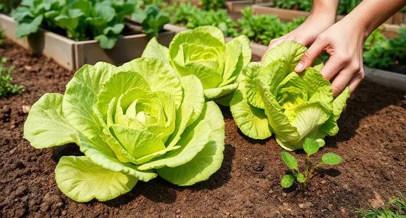 Butterhead lettuce growing in a garden bed with a visible crown, showing transplanting and cut-and-come-again harvesting method