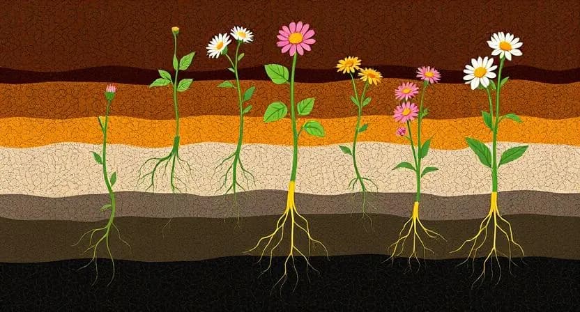 Soil cross-section with visible plant roots and nutrient absorption zones